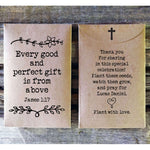 Load image into Gallery viewer, christian baby shower seed packet favor Every Good Perfect Gift typewriter font favorfully