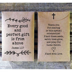 Load image into Gallery viewer, christian baby shower seed packet favor Every Good Perfect Gift typewriter font favorfully
