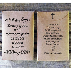 christian baby shower seed packet favor Every Good Perfect Gift typewriter font favorfully