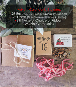 Christmas Advent Calendar Kit includes envelopes, cards, clothespins and ribbon
